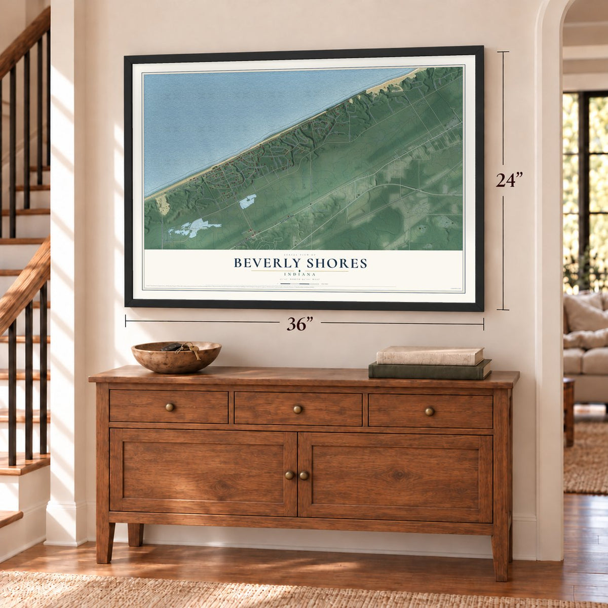 Beverly Shores, Indiana map, 24 x 36 inch print in a black frame above a dresser by a staircase