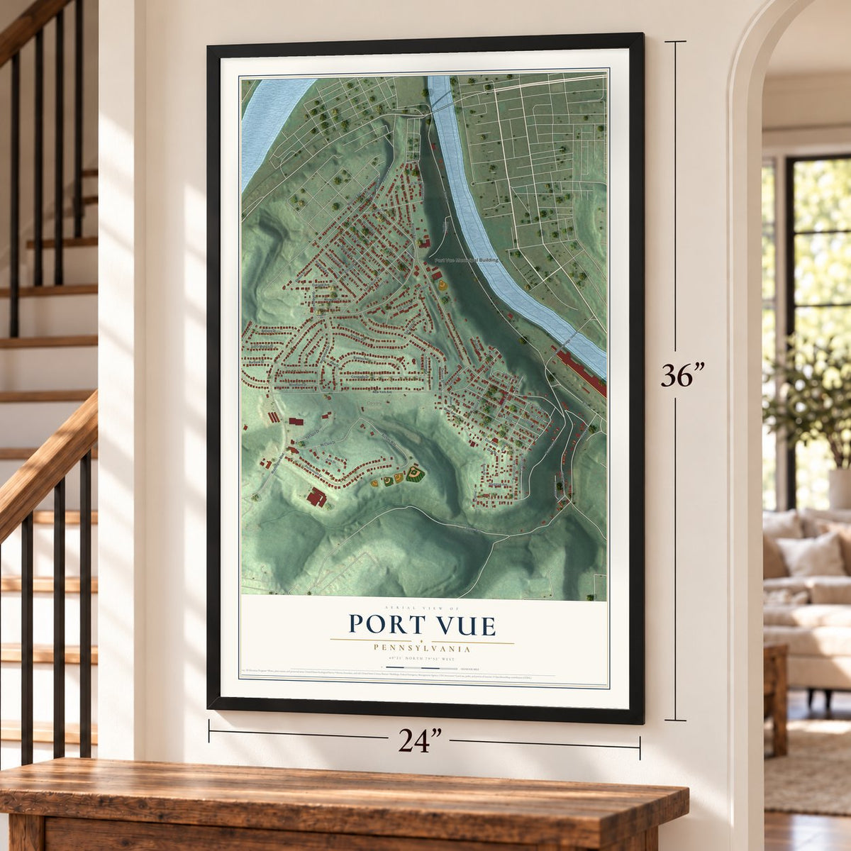 Port Vue, Pennsylvania map, 24 x 36 inch print in a black frame by a staircase