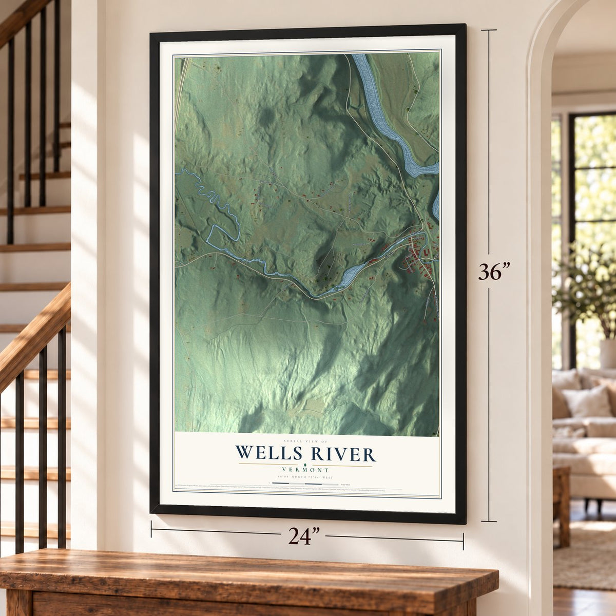 Wells River, Vermont map, 24 x 36 inch print in a black frame by a staircase