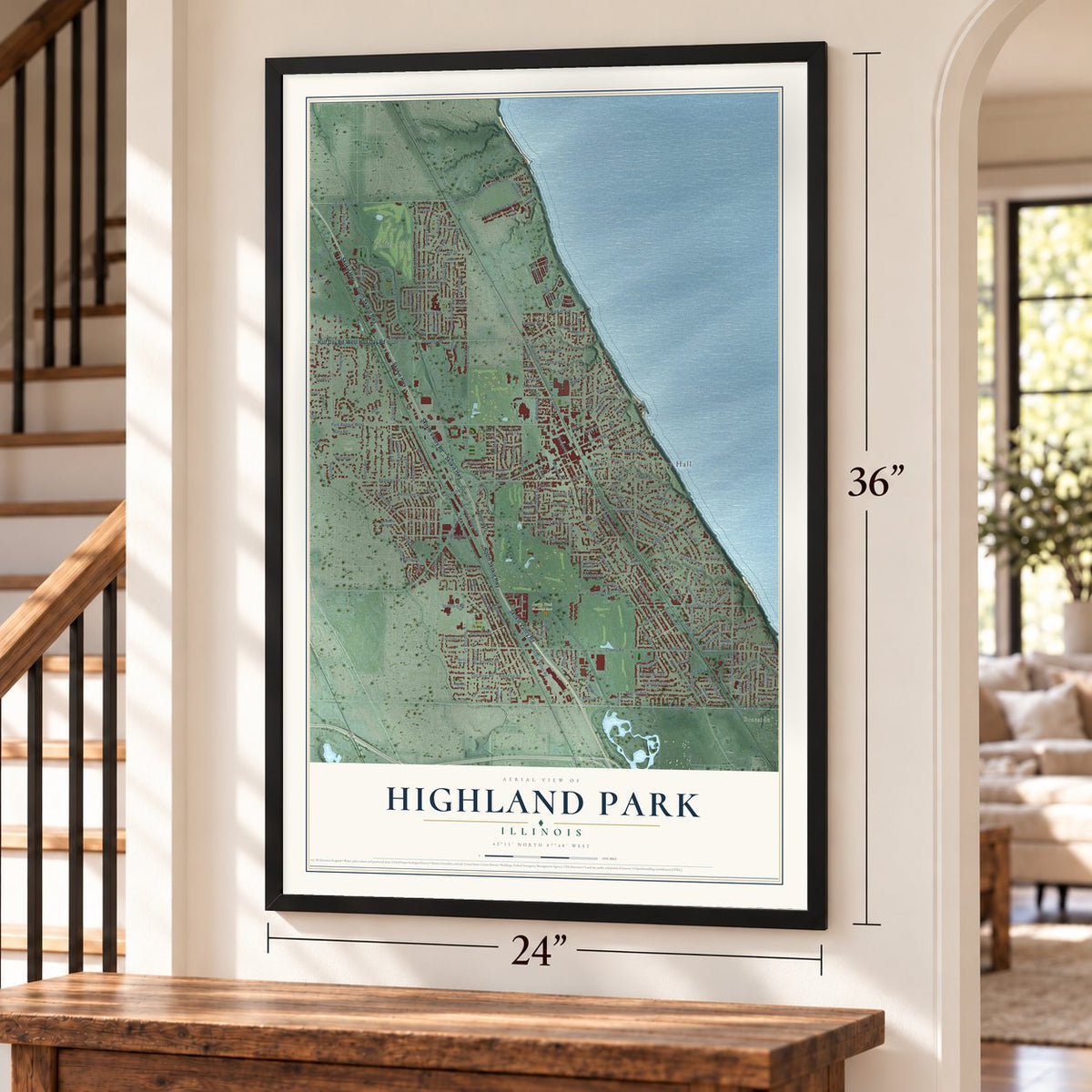 Highland Park, Illinois map, 24 x 36 inch print in a black frame by a staircase