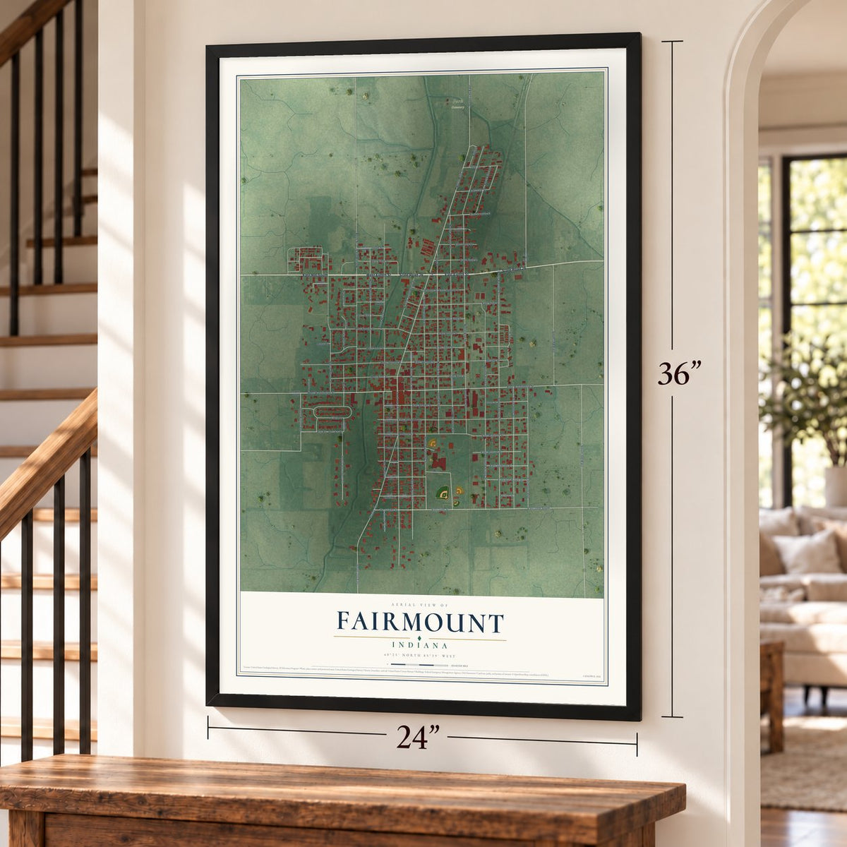 Fairmount, Indiana map, 24 x 36 inch print in a black frame by a staircase