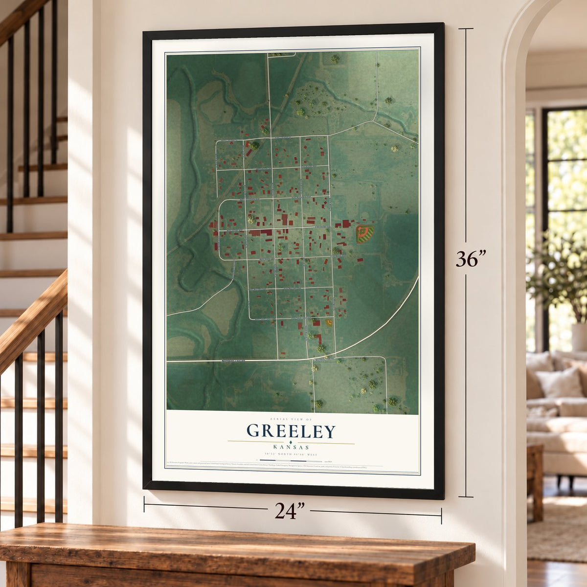 Greeley, Kansas map, 24 x 36 inch print in a black frame by a staircase