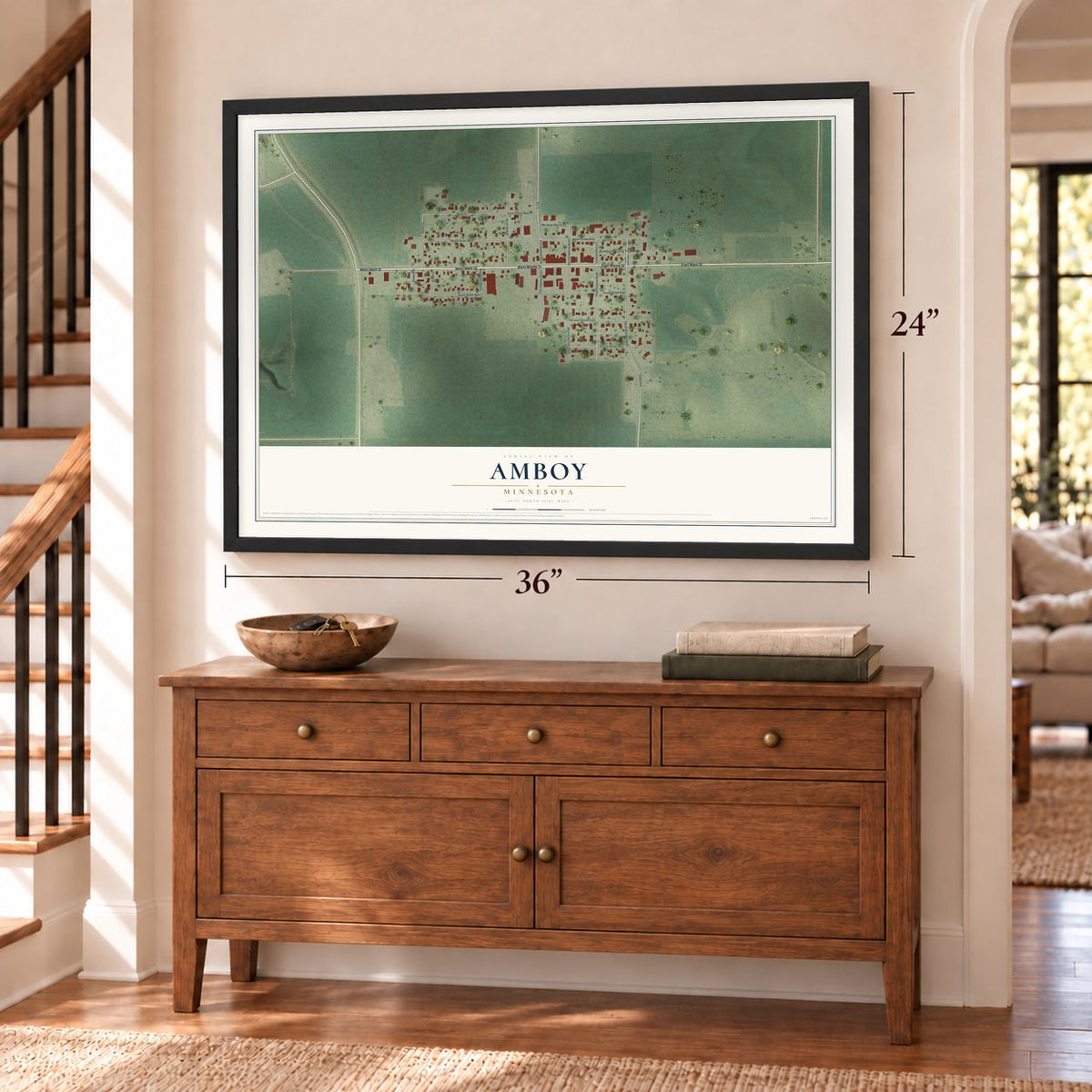 Amboy, Minnesota map, 24 x 36 inch print in a black frame above a dresser by a staircase
