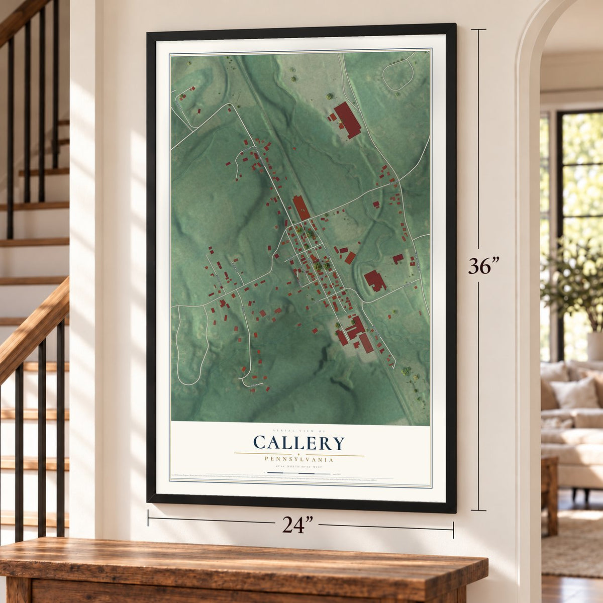 Callery, Pennsylvania map, 24 x 36 inch print in a black frame by a staircase