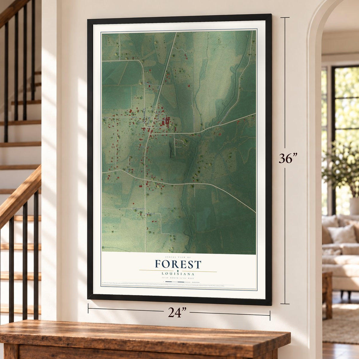 Forest, Louisiana map, 24 x 36 inch print in a black frame by a staircase