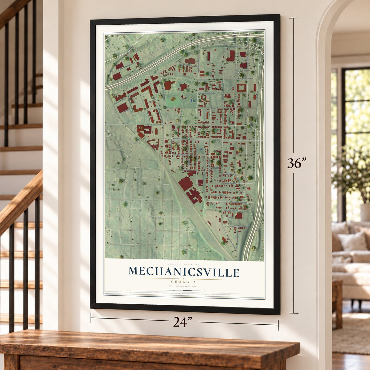 Mechanicsville, Georgia map, 24 x 36 inch print in a black frame by a staircase