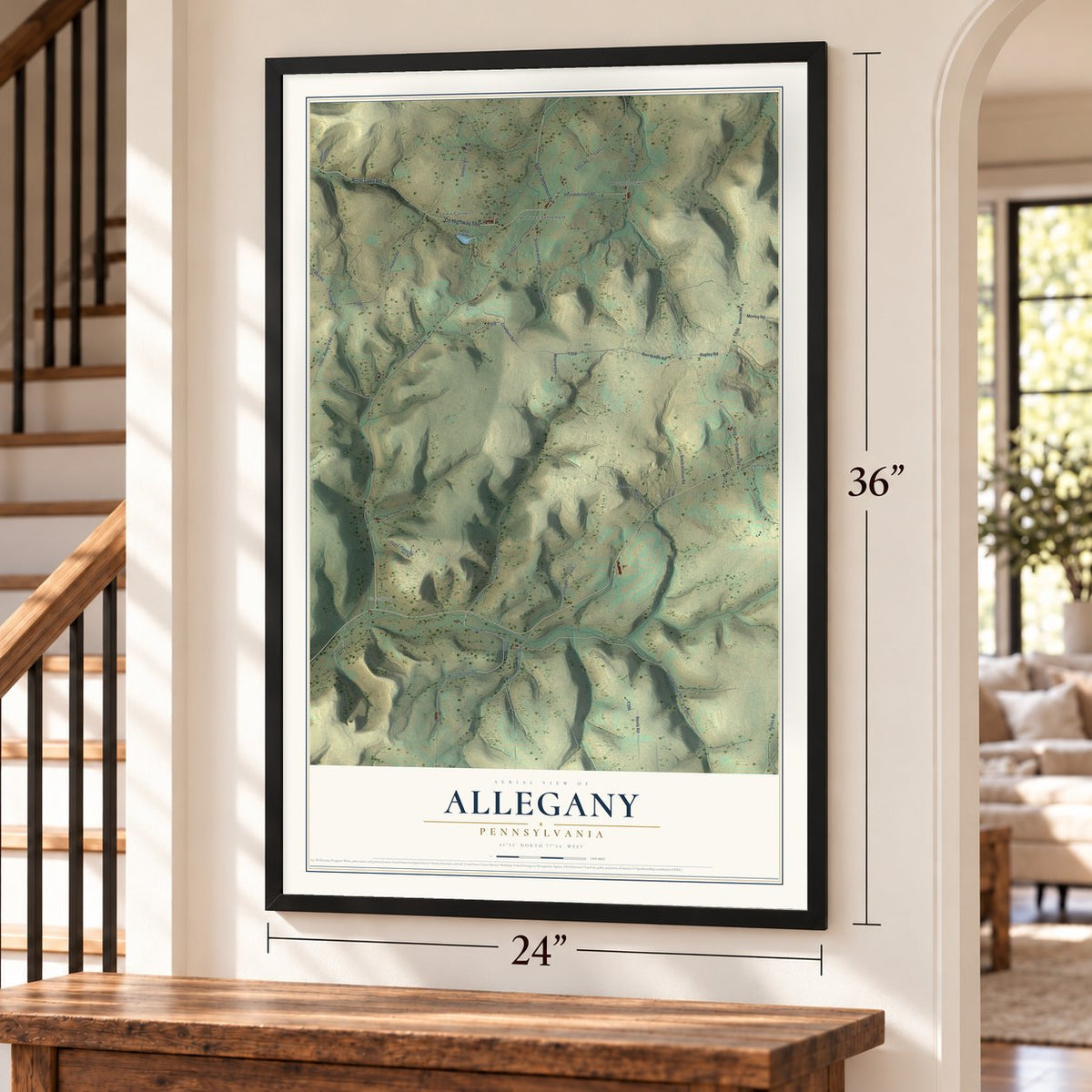 Allegany, Pennsylvania map, 24 x 36 inch print in a black frame by a staircase