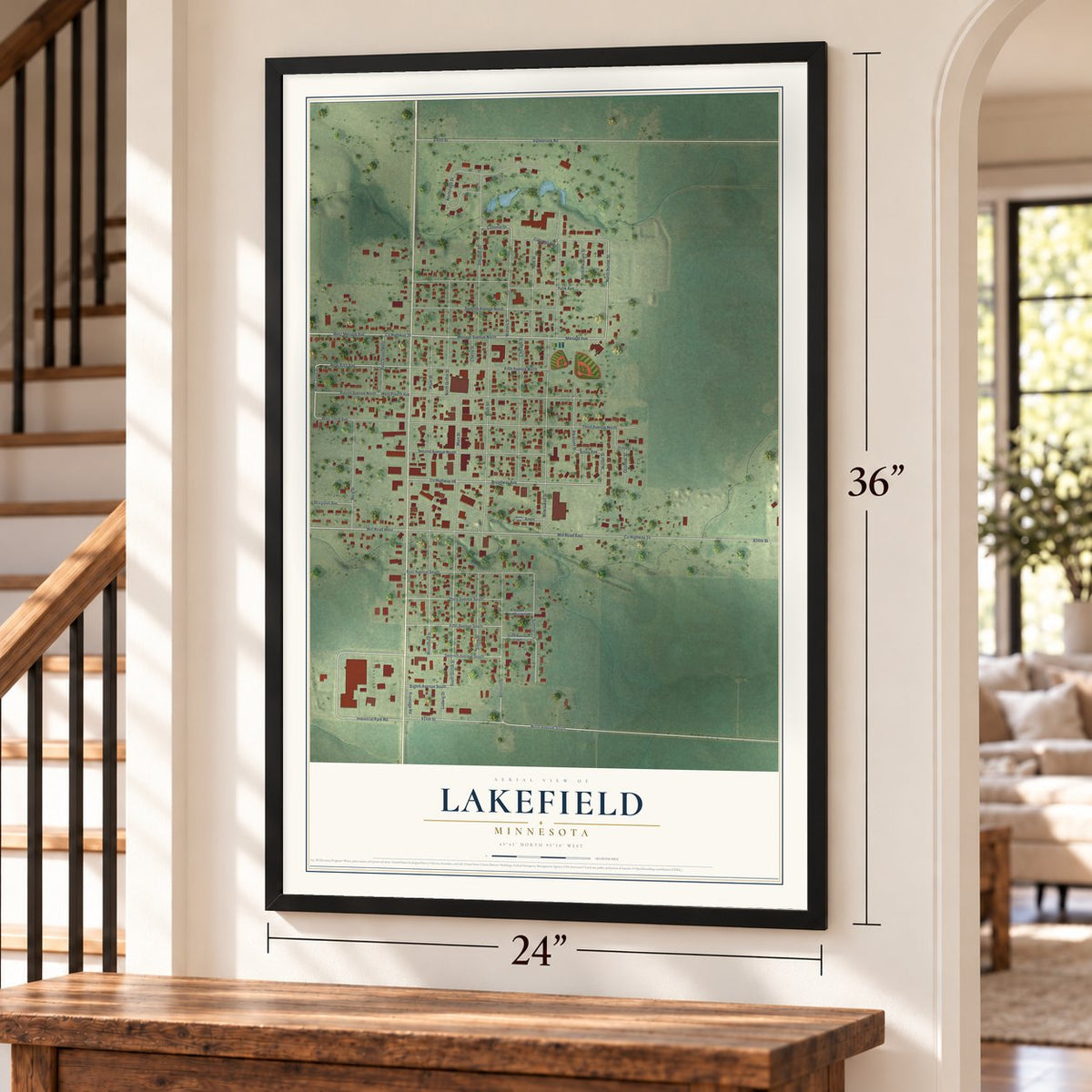 Lakefield, Minnesota map, 24 x 36 inch print in a black frame by a staircase
