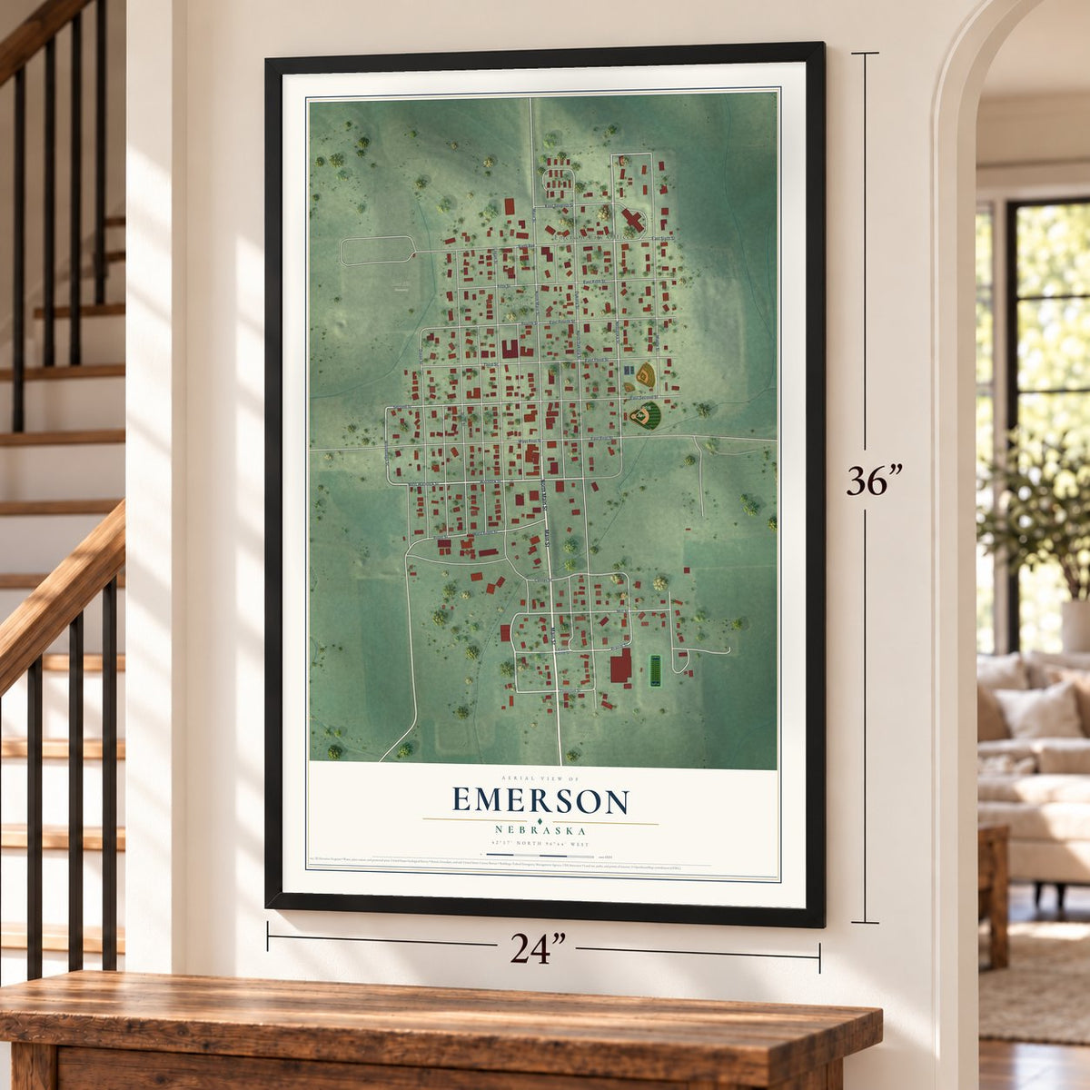 Emerson, Nebraska map, 24 x 36 inch print in a black frame by a staircase