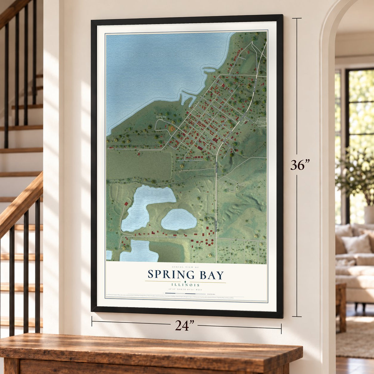 Spring Bay, Illinois map, 24 x 36 inch print in a black frame by a staircase