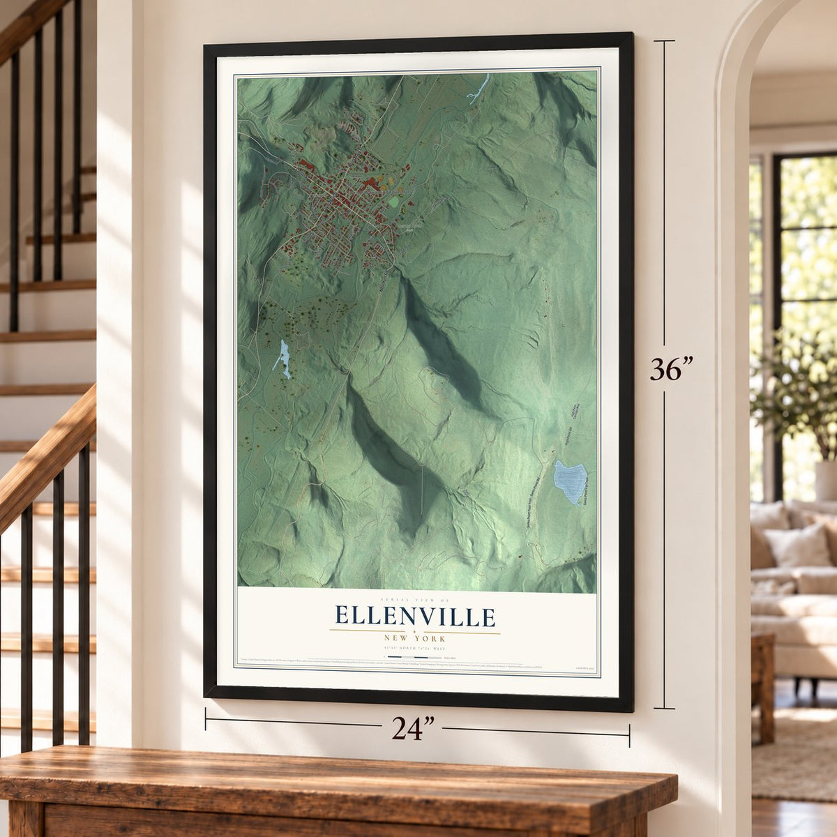 Ellenville, New York map, 24 x 36 inch print in a black frame by a staircase