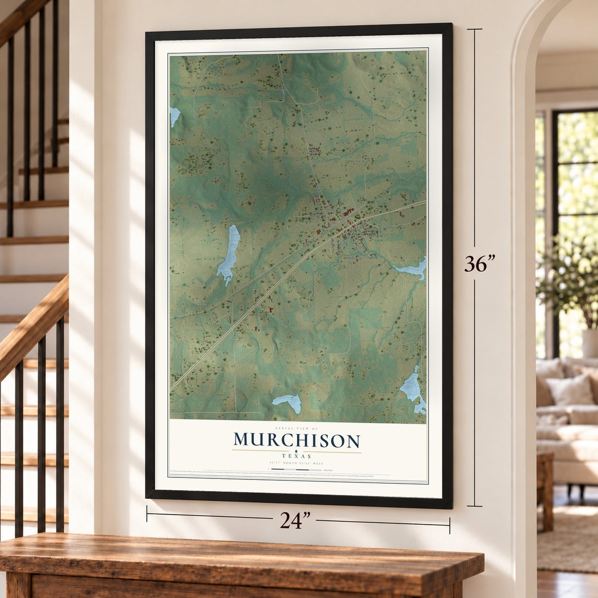 Murchison, Texas map, 24 x 36 inch print in a black frame by a staircase