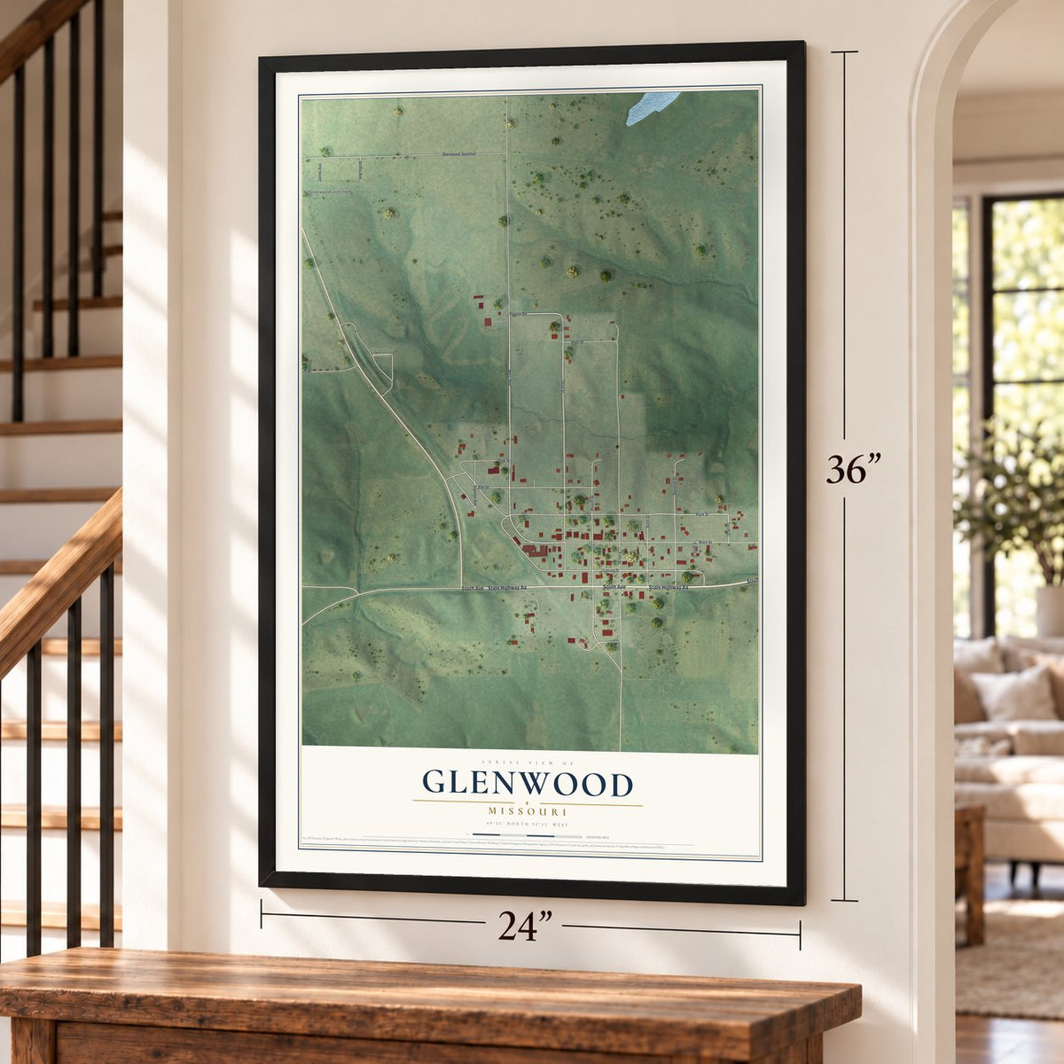 Glenwood, Missouri map, 24 x 36 inch print in a black frame by a staircase
