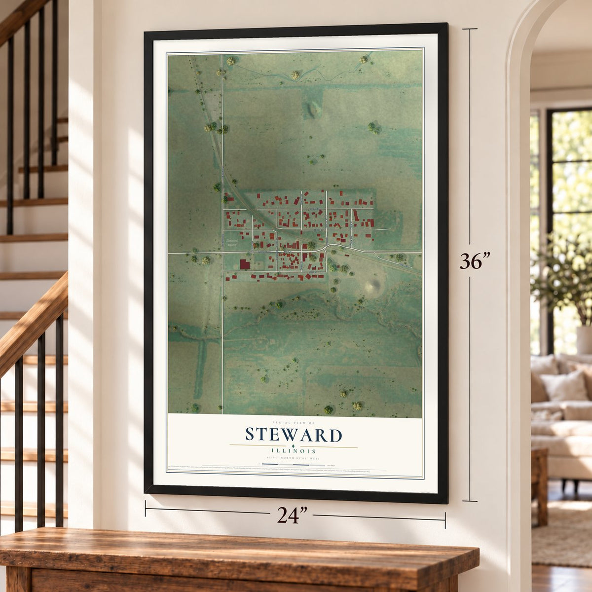 Steward, Illinois map, 24 x 36 inch print in a black frame by a staircase