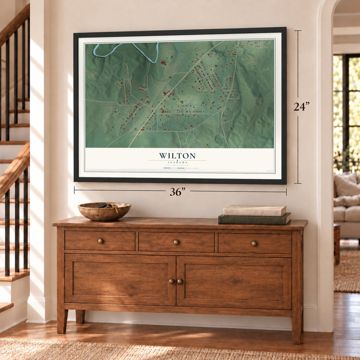 Wilton, Alabama map, 24 x 36 inch print in a black frame above a dresser by a staircase