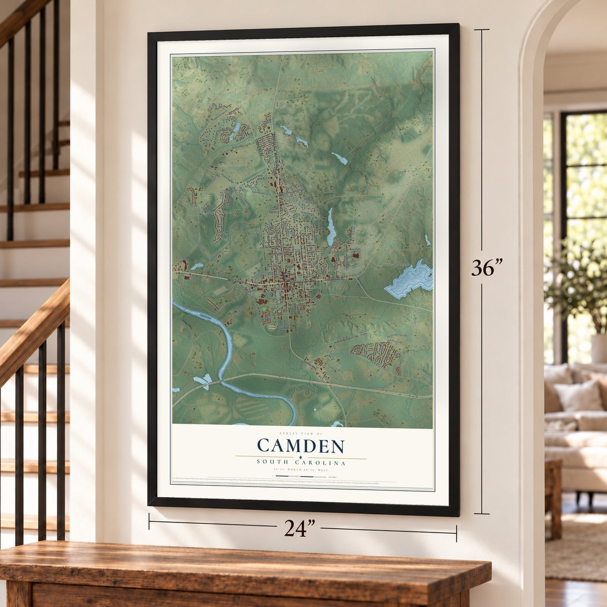 Camden, South Carolina map, 24 x 36 inch print in a black frame by a staircase