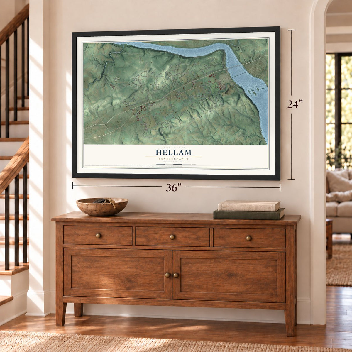 Hellam, Pennsylvania map, 24 x 36 inch print in a black frame above a dresser by a staircase