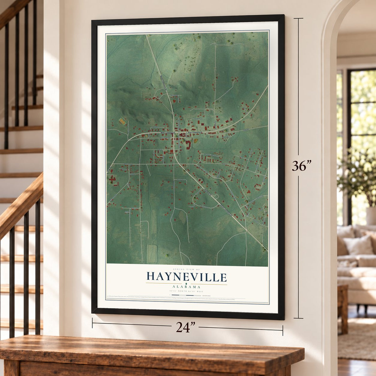 Hayneville, Alabama map, 24 x 36 inch print in a black frame by a staircase