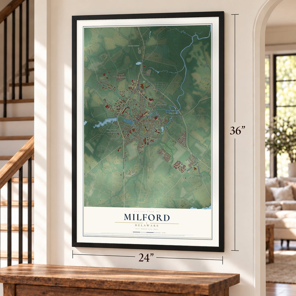 Milford, Delaware map, 24 x 36 inch print in a black frame by a staircase