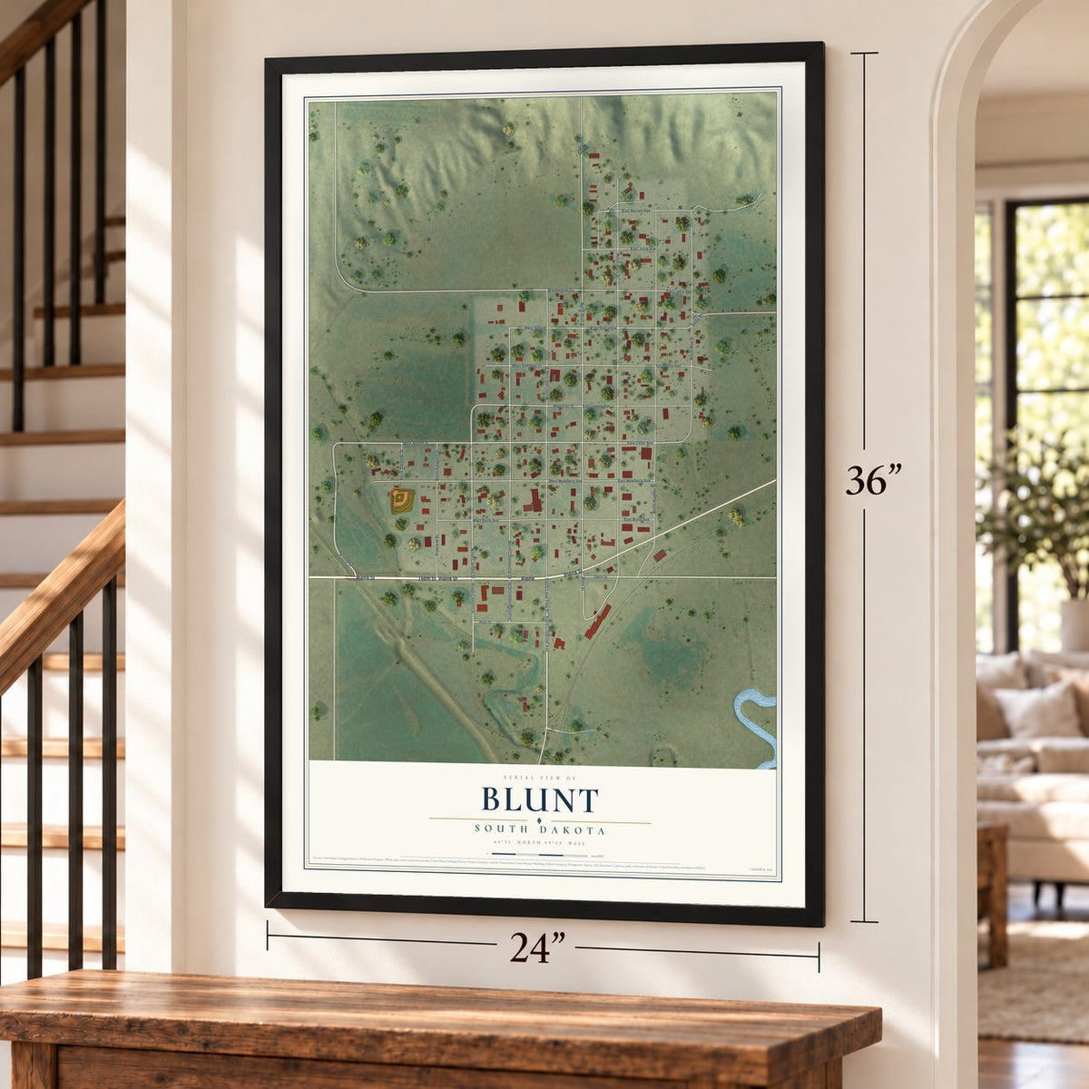 Blunt, South Dakota map, 24 x 36 inch print in a black frame by a staircase