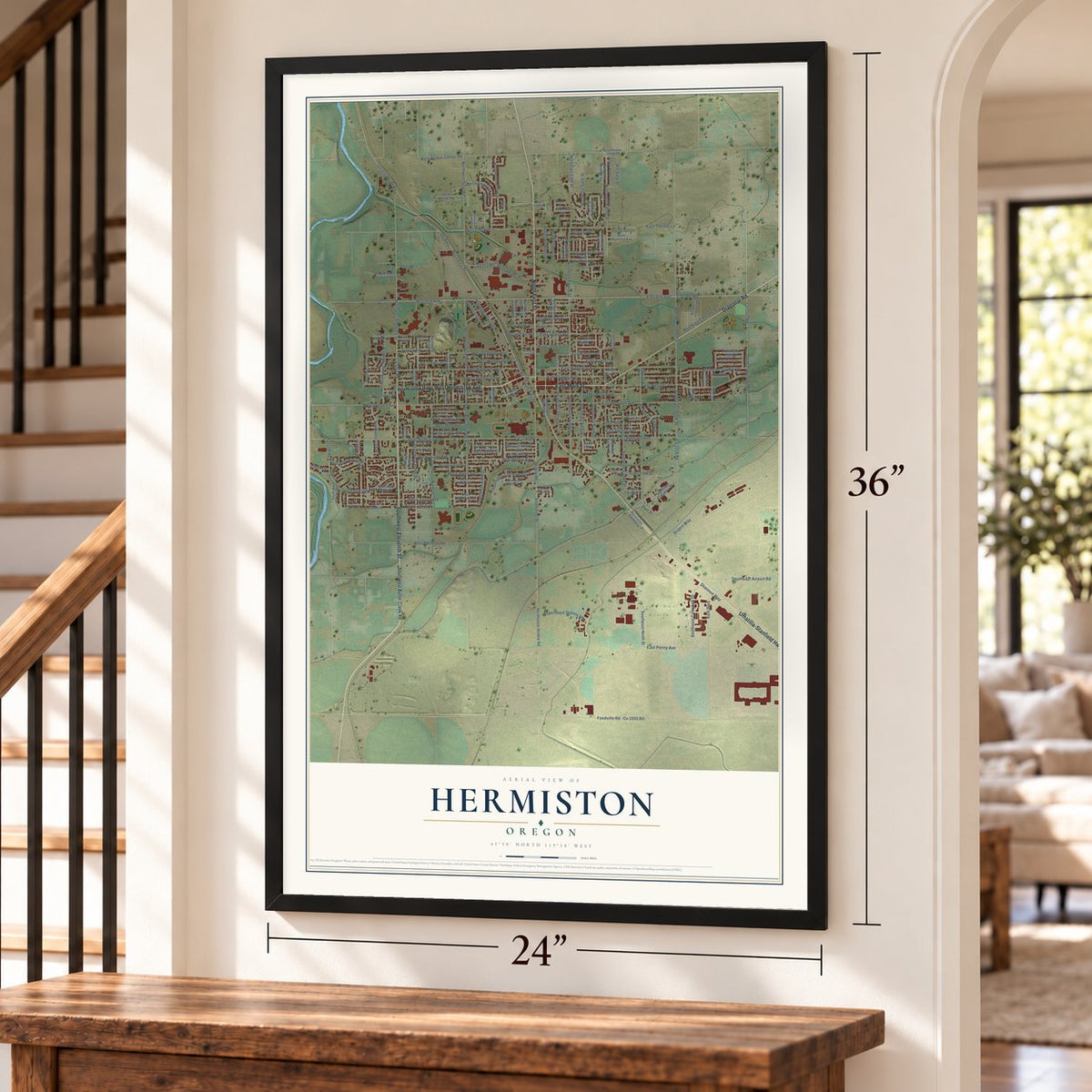 Hermiston, Oregon map, 24 x 36 inch print in a black frame by a staircase