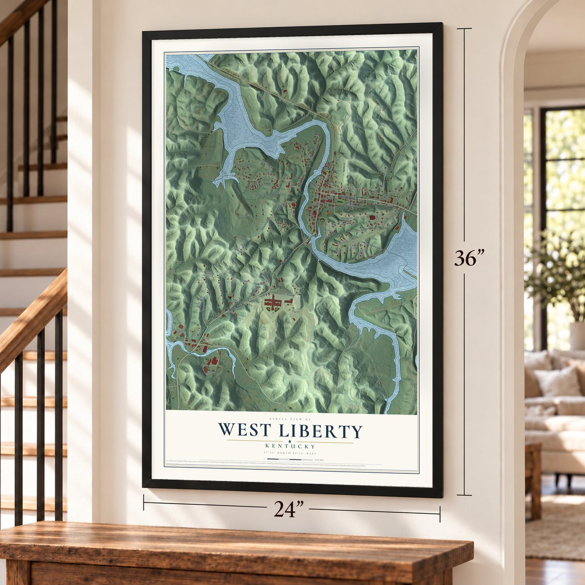 West Liberty, Kentucky map, 24 x 36 inch print in a black frame by a staircase