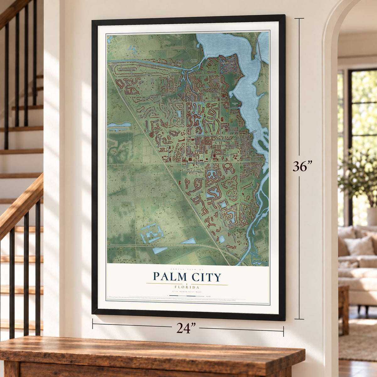 Palm City, Florida map, 24 x 36 inch print in a black frame by a staircase