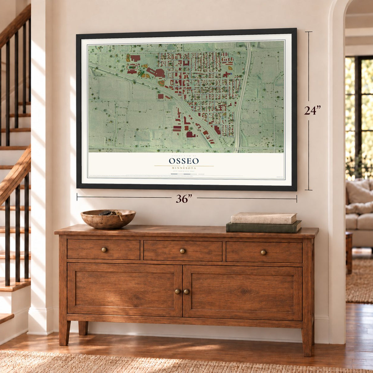 Osseo, Minnesota map, 24 x 36 inch print in a black frame above a dresser by a staircase