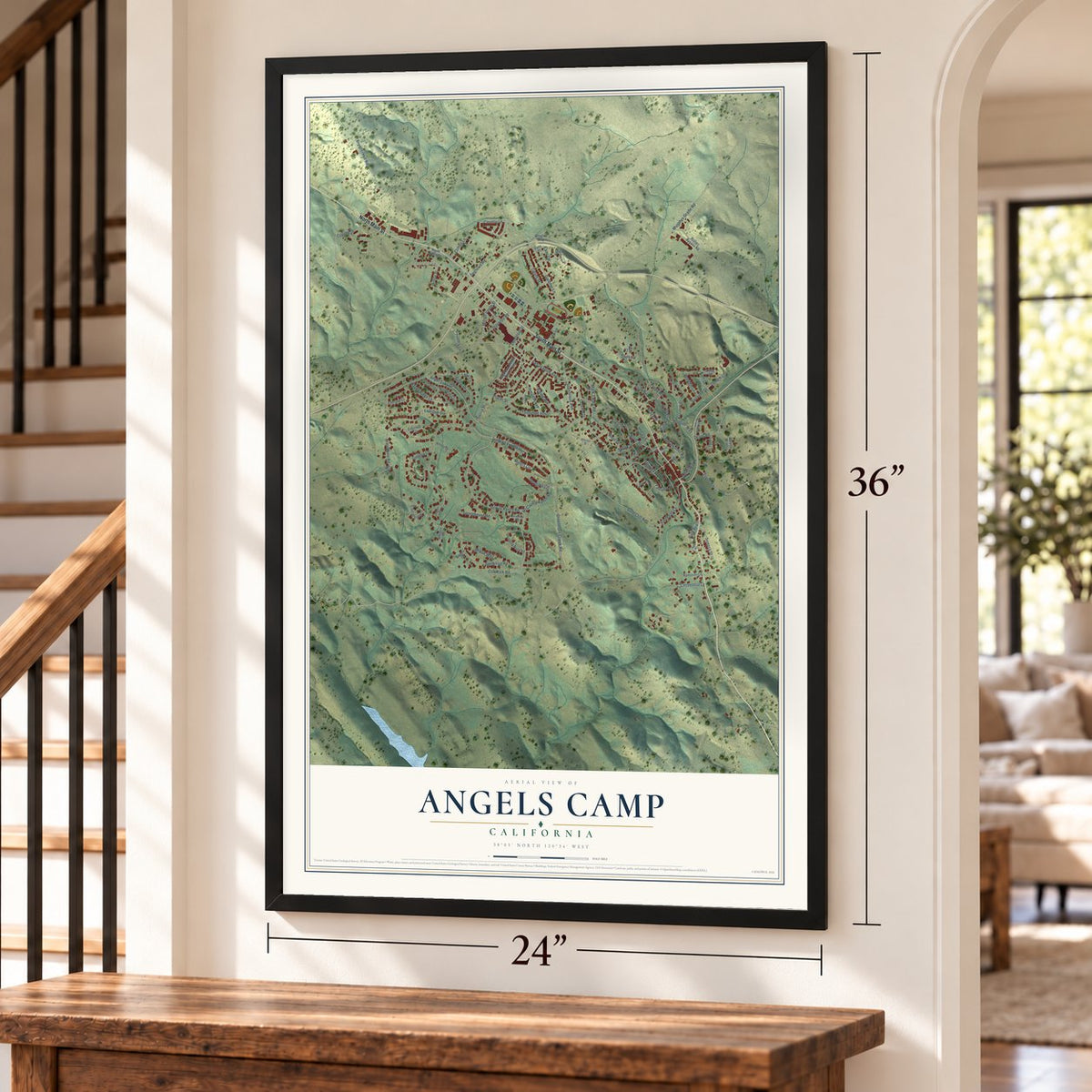 Angels Camp, California map, 24 x 36 inch print in a black frame by a staircase