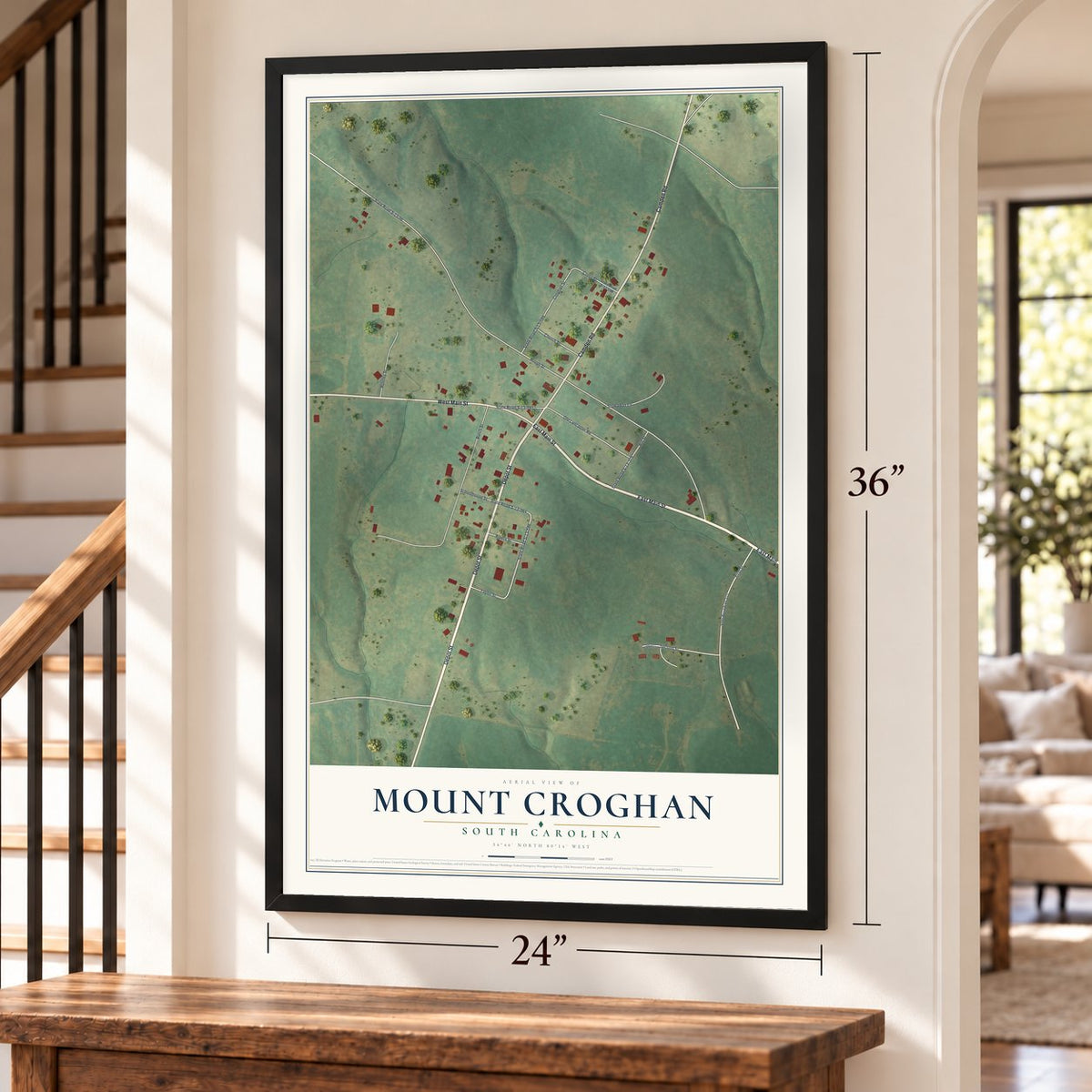 Mount Croghan, South Carolina map, 24 x 36 inch print in a black frame by a staircase
