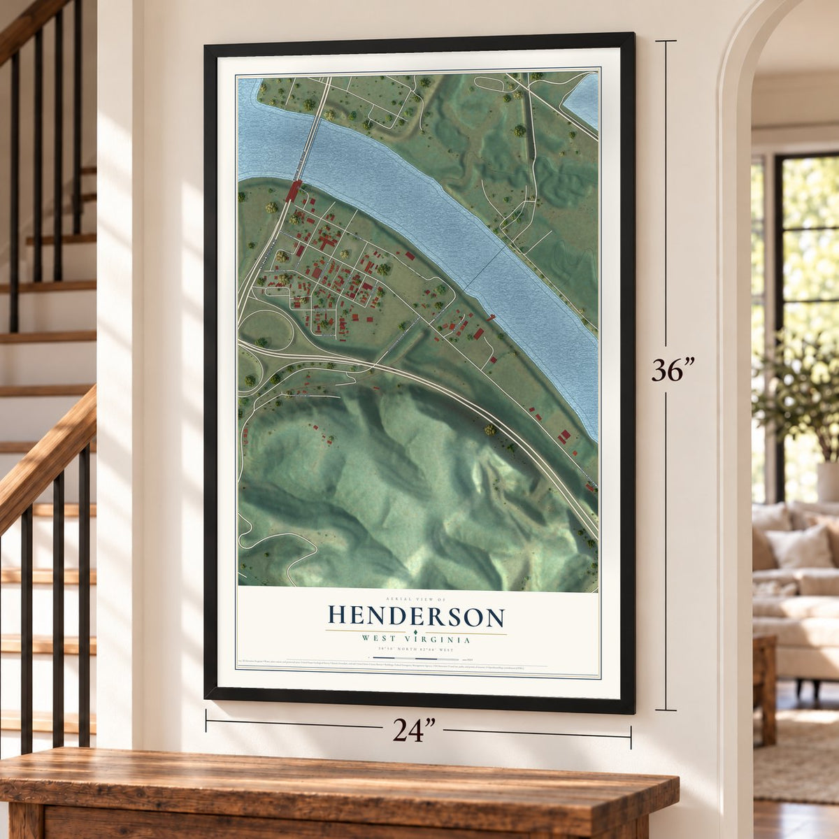 Henderson, West Virginia map, 24 x 36 inch print in a black frame by a staircase
