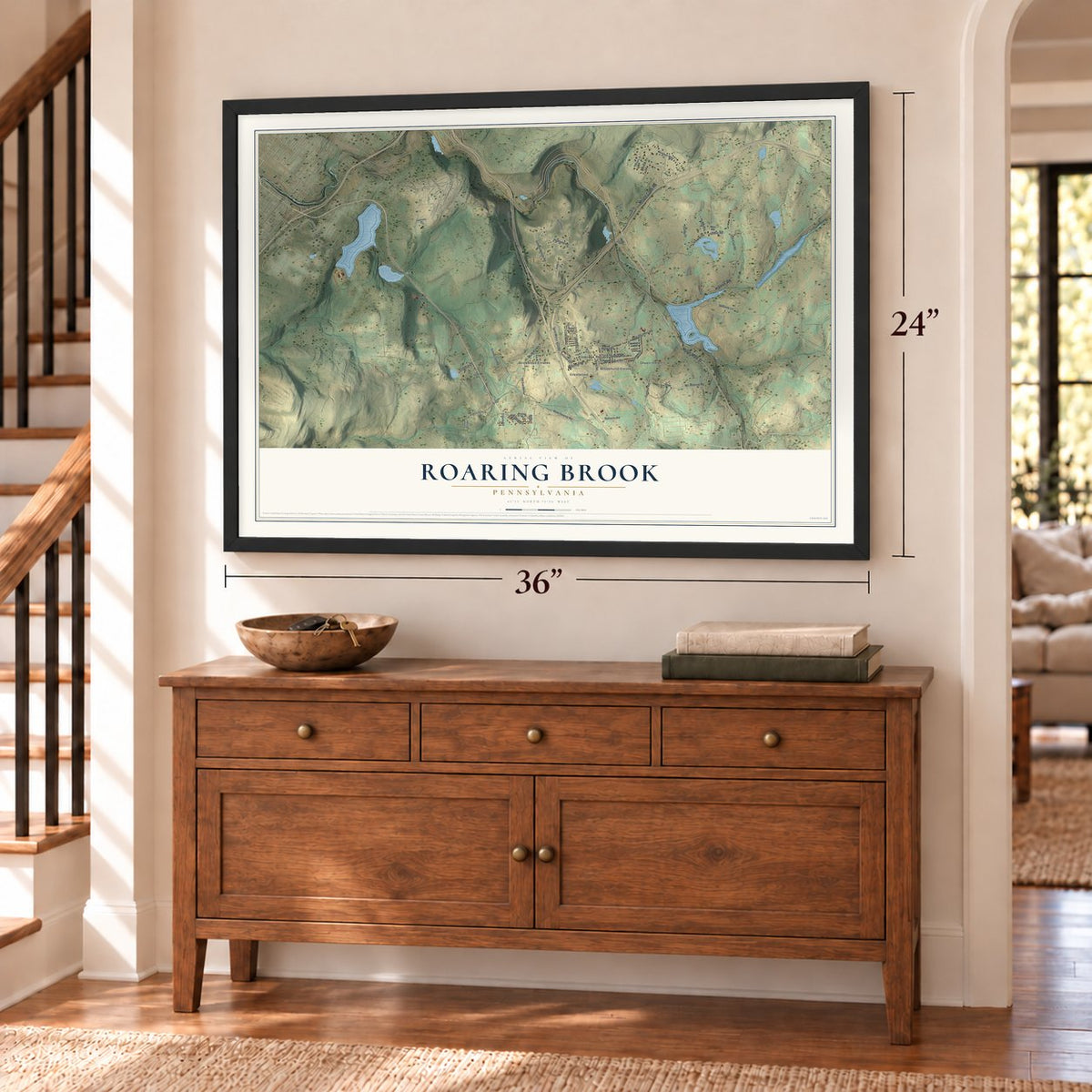 Roaring Brook, Pennsylvania map, 24 x 36 inch print in a black frame above a dresser by a staircase
