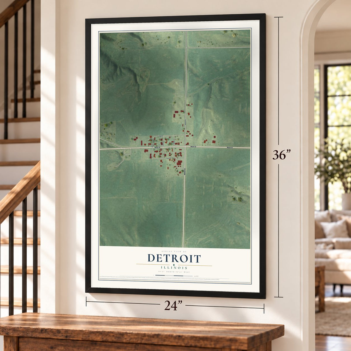 Detroit, Illinois map, 24 x 36 inch print in a black frame by a staircase