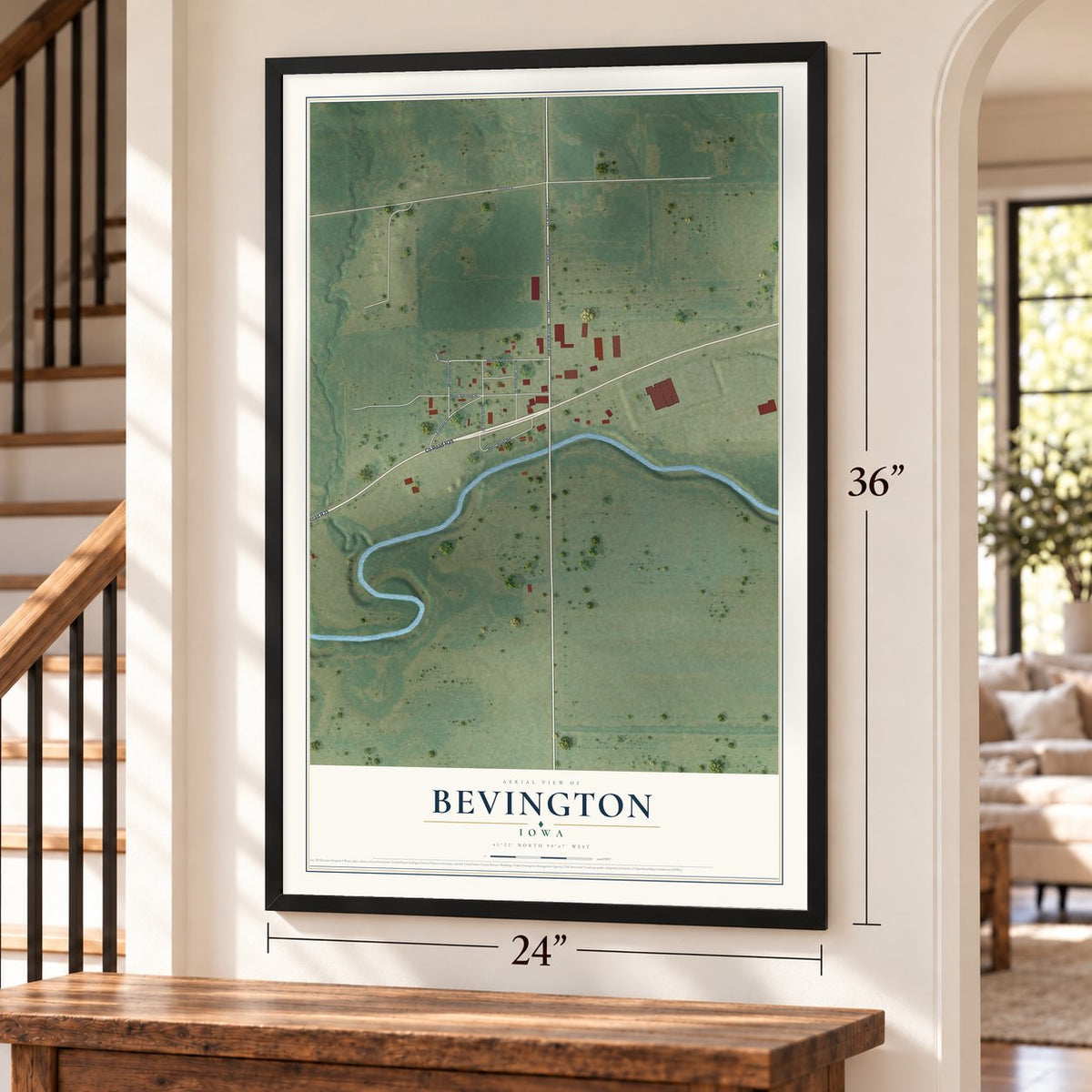 Bevington, Iowa map, 24 x 36 inch print in a black frame by a staircase