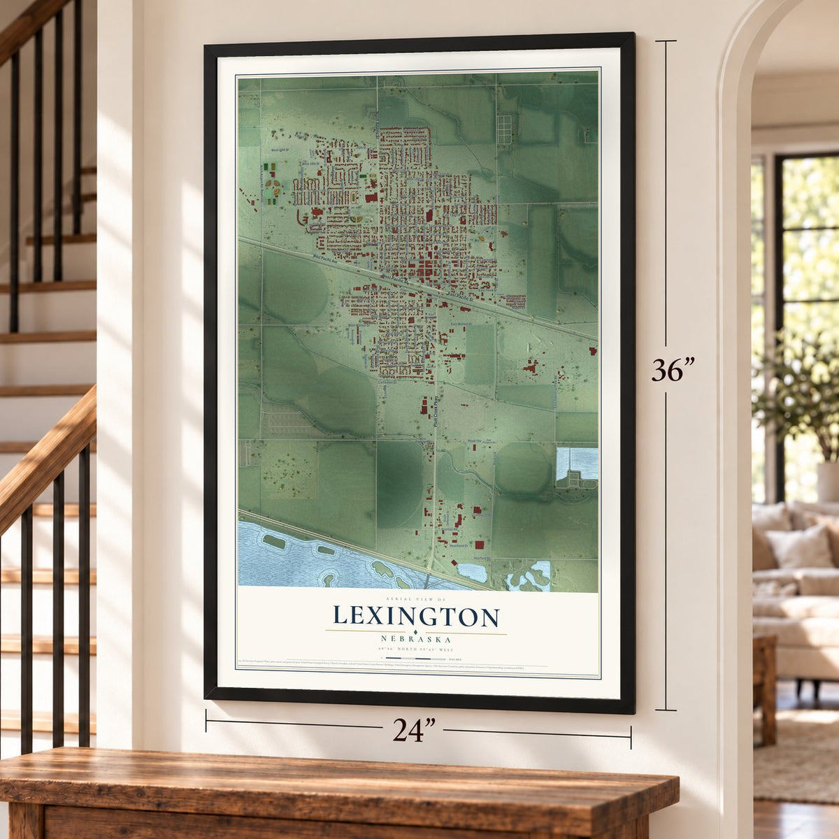 Lexington, Nebraska map, 24 x 36 inch print in a black frame by a staircase