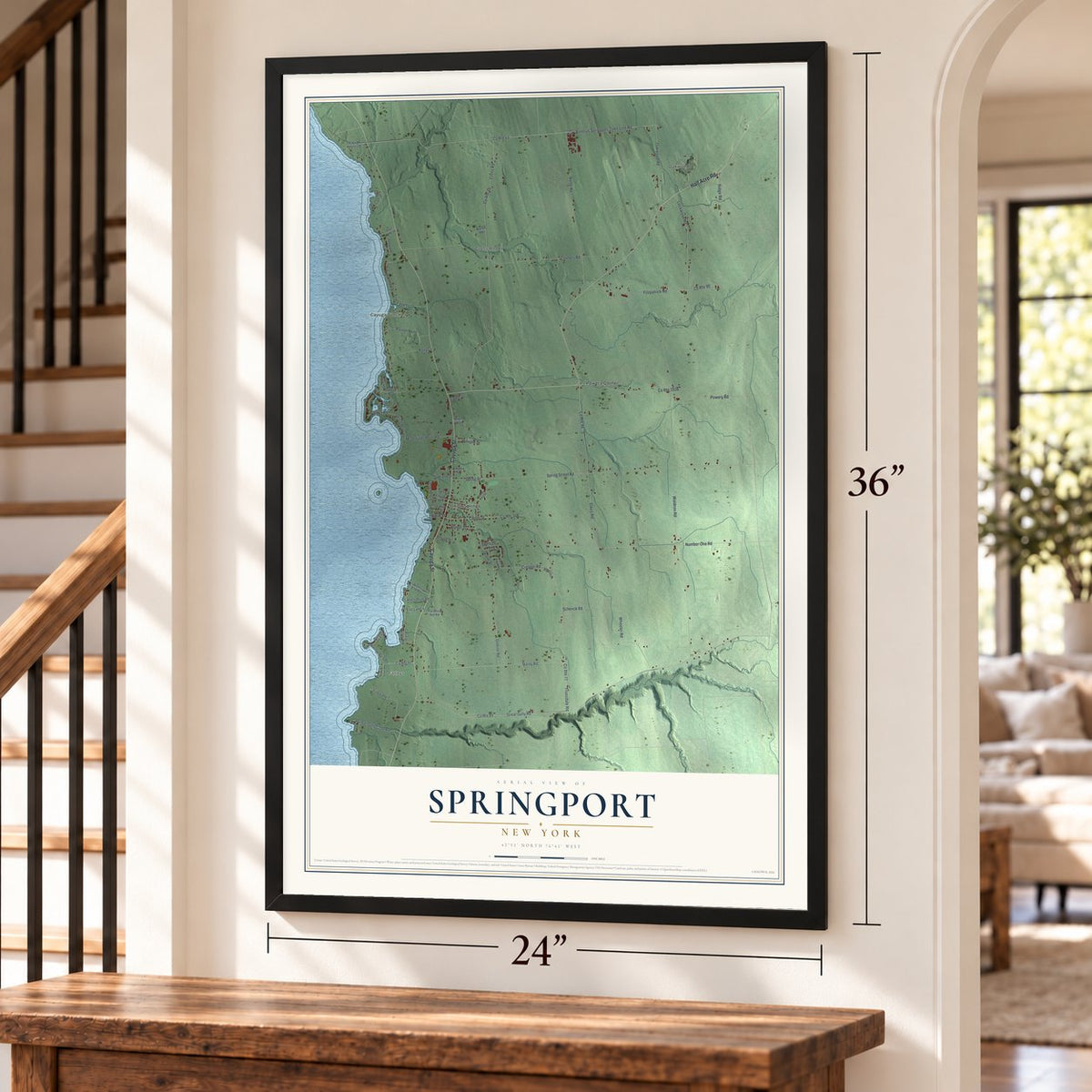 Springport, New York map, 24 x 36 inch print in a black frame by a staircase