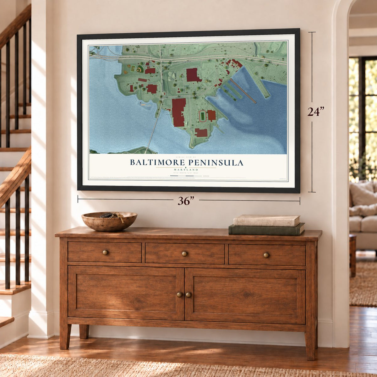 Baltimore Peninsula, Maryland map, 24 x 36 inch print in a black frame above a dresser by a staircase