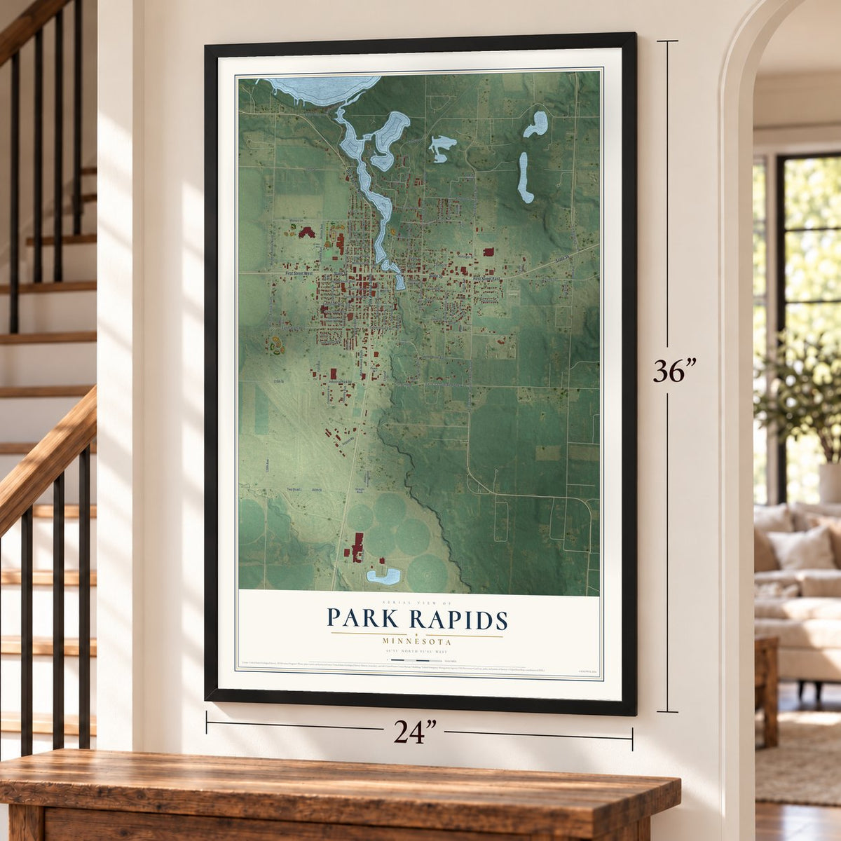 Park Rapids, Minnesota map, 24 x 36 inch print in a black frame by a staircase