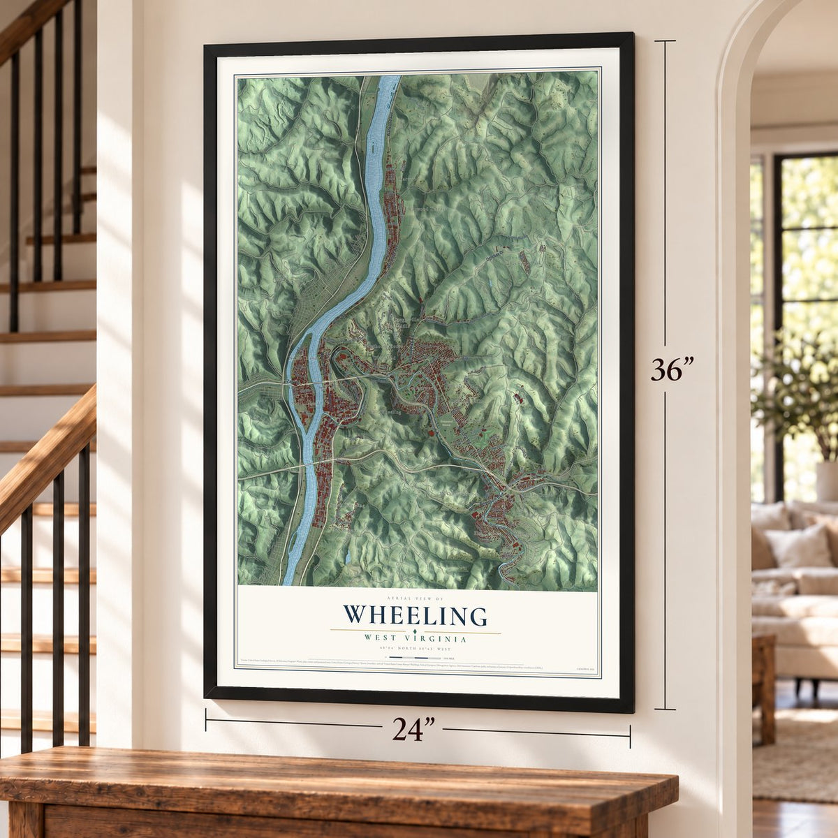 Wheeling, West Virginia map, 24 x 36 inch print in a black frame by a staircase