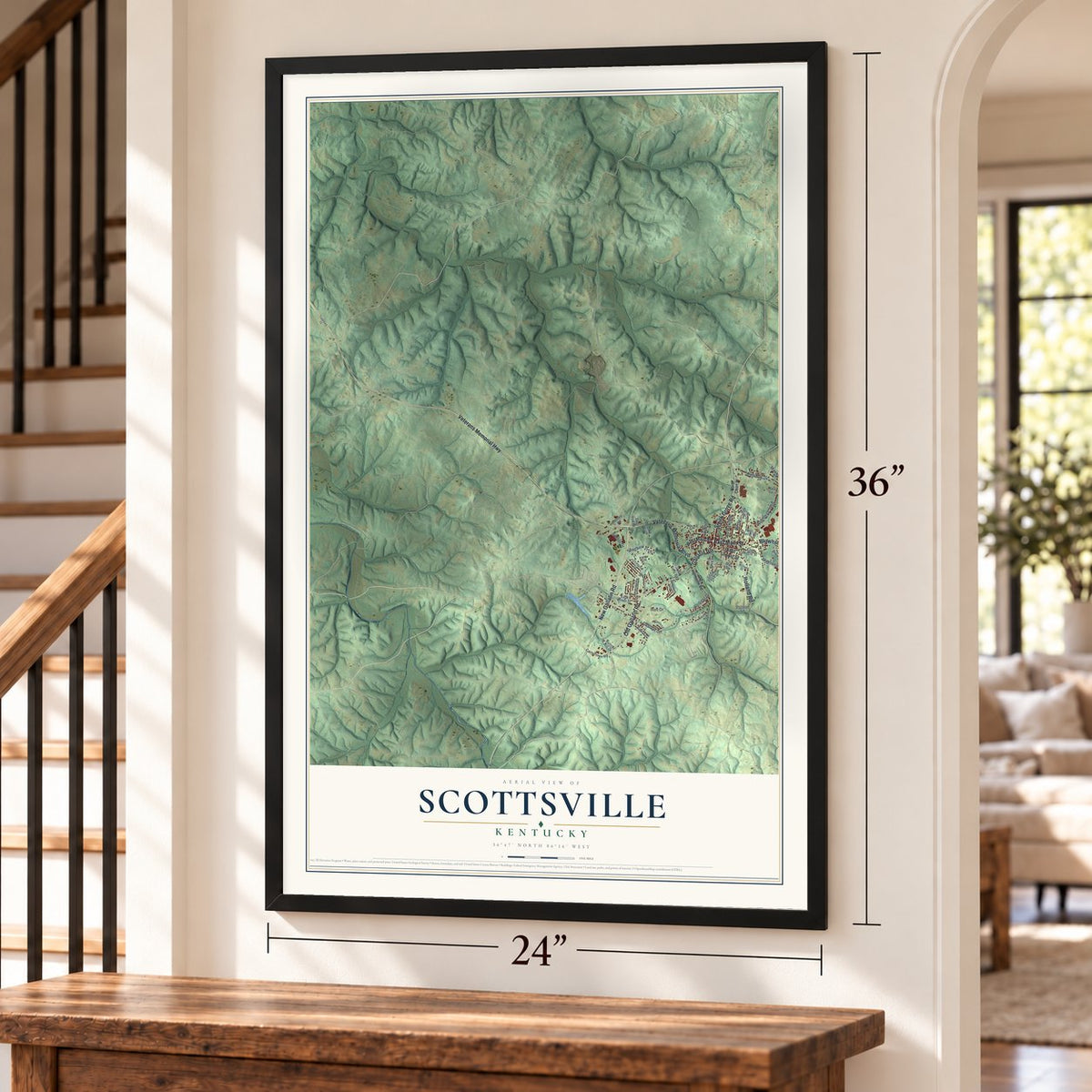 Scottsville, Kentucky map, 24 x 36 inch print in a black frame by a staircase