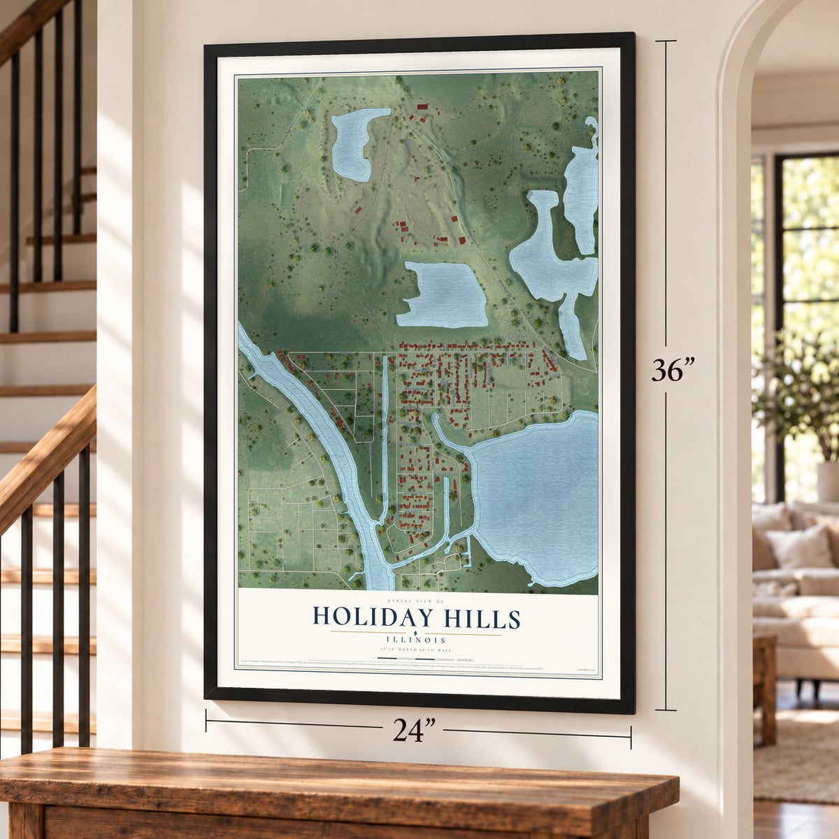 Holiday Hills, Illinois map, 24 x 36 inch print in a black frame by a staircase