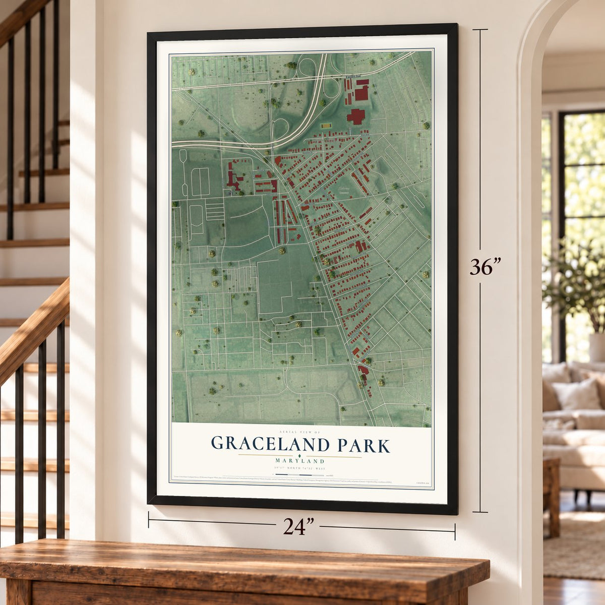 Graceland Park, Maryland map, 24 x 36 inch print in a black frame by a staircase