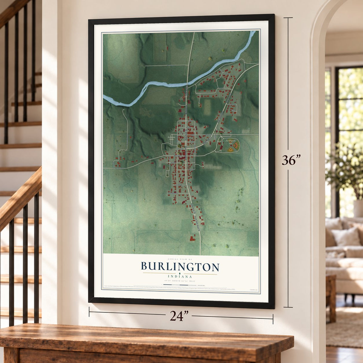 Burlington, Indiana map, 24 x 36 inch print in a black frame by a staircase