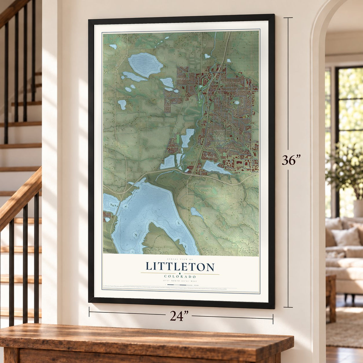 Littleton, Colorado map, 24 x 36 inch print in a black frame by a staircase