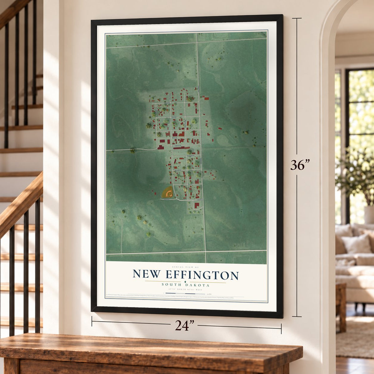 New Effington, South Dakota map, 24 x 36 inch print in a black frame by a staircase