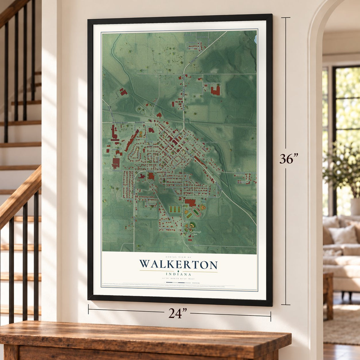 Walkerton, Indiana map, 24 x 36 inch print in a black frame by a staircase