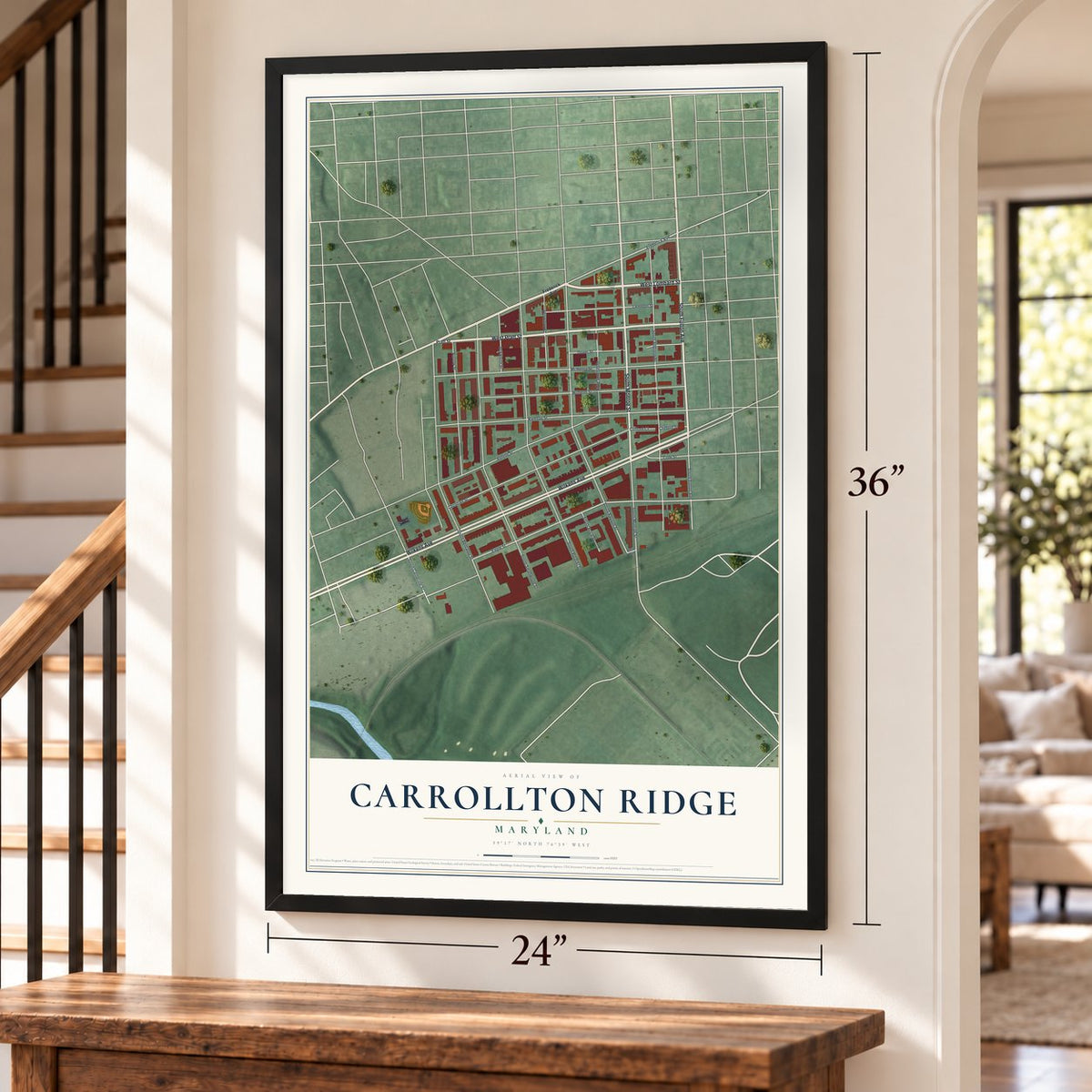 Carrollton Ridge, Maryland map, 24 x 36 inch print in a black frame by a staircase