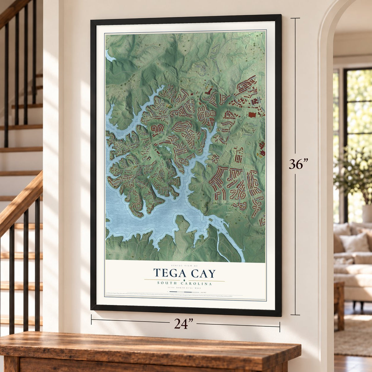 Tega Cay, South Carolina map, 24 x 36 inch print in a black frame by a staircase