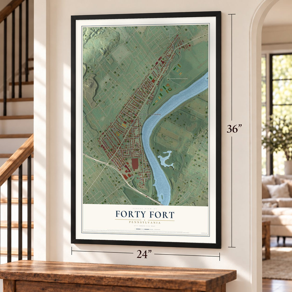 Forty Fort, Pennsylvania map, 24 x 36 inch print in a black frame by a staircase