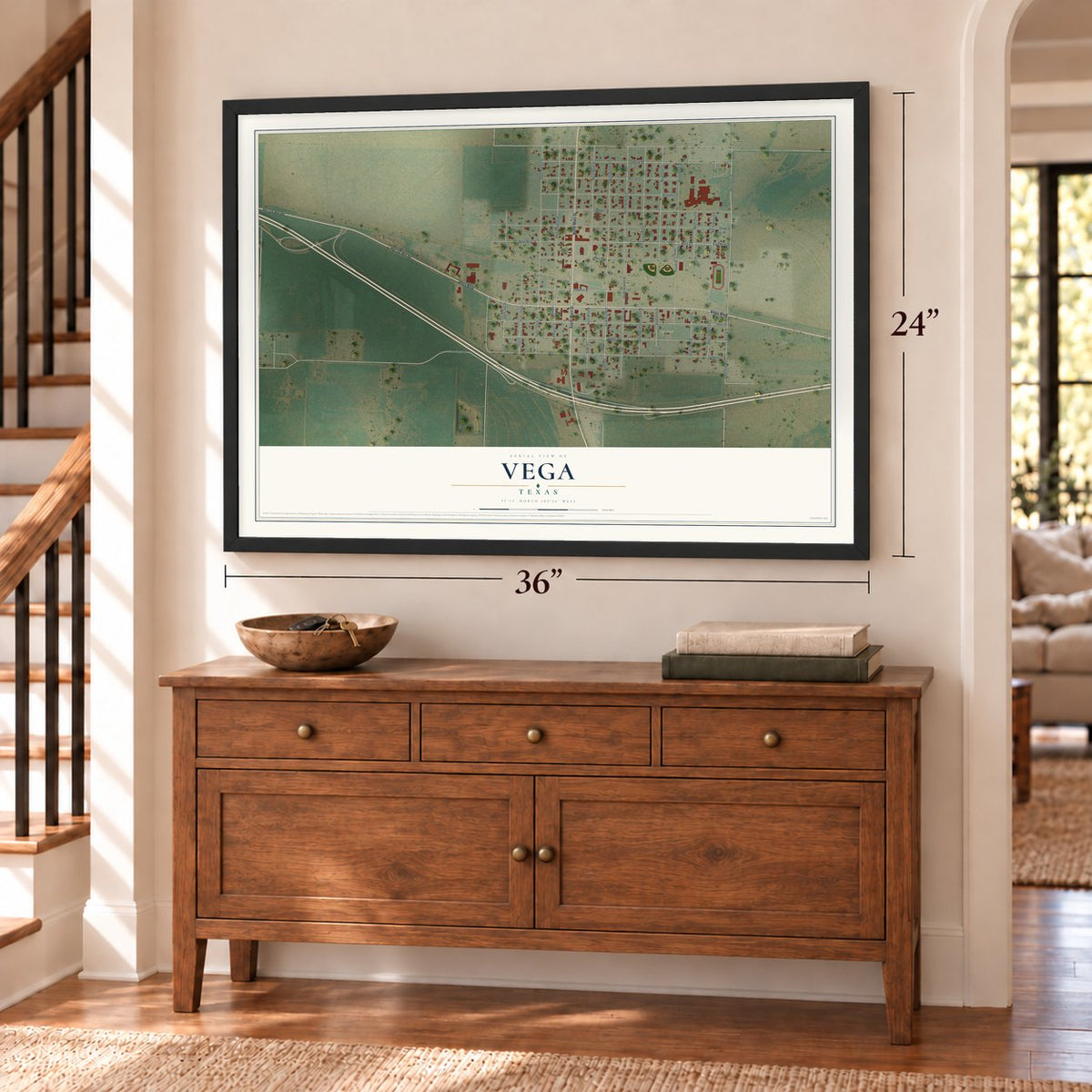Vega, Texas map, 24 x 36 inch print in a black frame above a dresser by a staircase